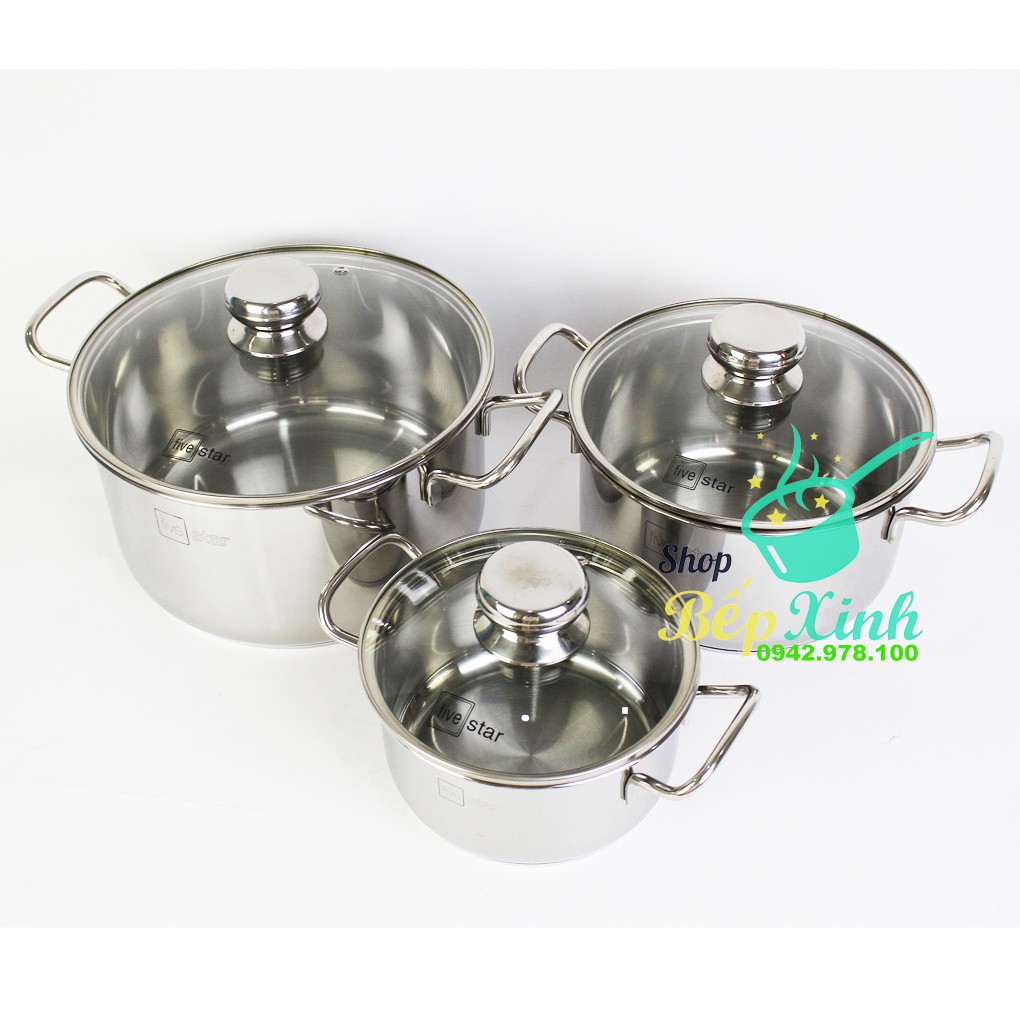 Bộ nồi chảo cao cấp Fivestar 4 chiếc nắp kính , tặng 2 vá canh, inox 430, dùng được bếp từ , gas, hồng ngoại