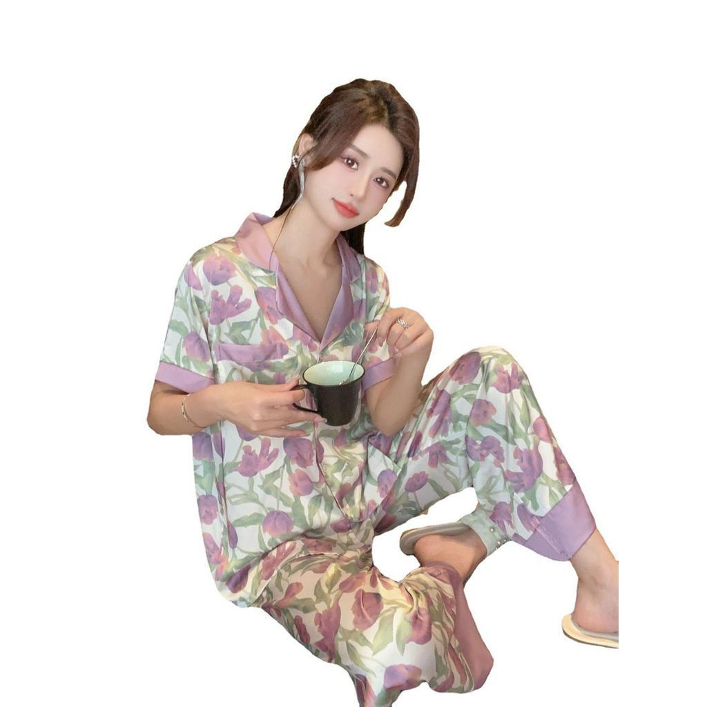 Bộ Đồ Ngủ Ngắn Tay Bằng Lụa Mát Họa Tiết Hoa Xinh Xắn Thời Trang Mùa Hè Cho Nữ