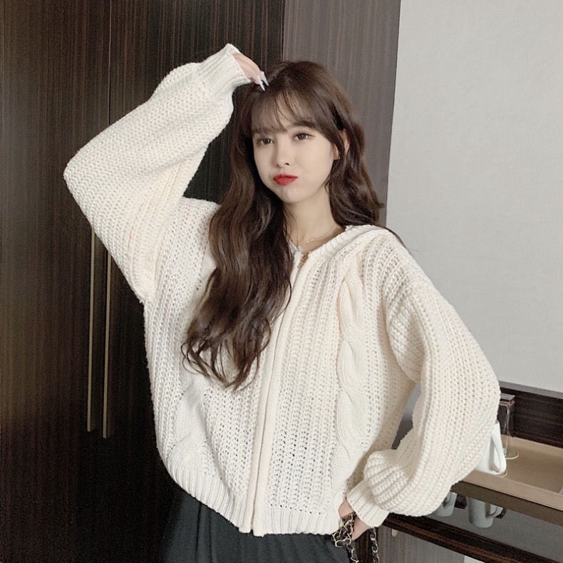 Áo Khoác Len Cardigan Dáng Rộng Có Khóa Kéo Thời Trang Thu Đông Cho Nữ