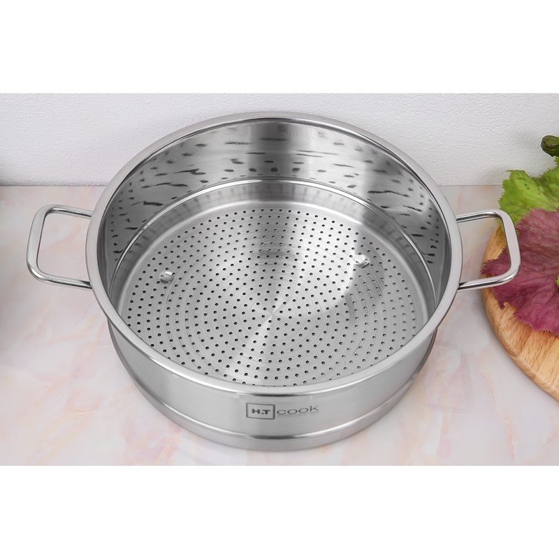 Bộ Nồi Xửng Hấp inox 430 Bếp Từ 1 Đáy HT COOK 28cm Nắp Kính