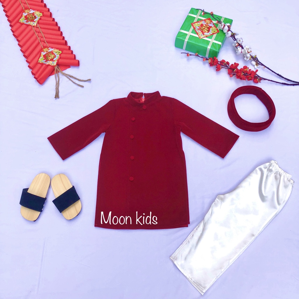 Áo Dài Tết Cho Bé Trai Chất Liệu Nhung Có Mấn Đội Đầu Dễ Thương