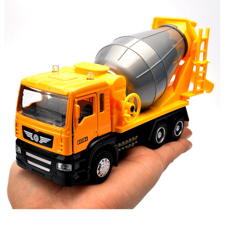 Xe trộn bê tông đồ chơi trẻ em có đèn và âm thanh động cơ tỉ lệ 1:50 cabin bằng sắt xe chạy cót