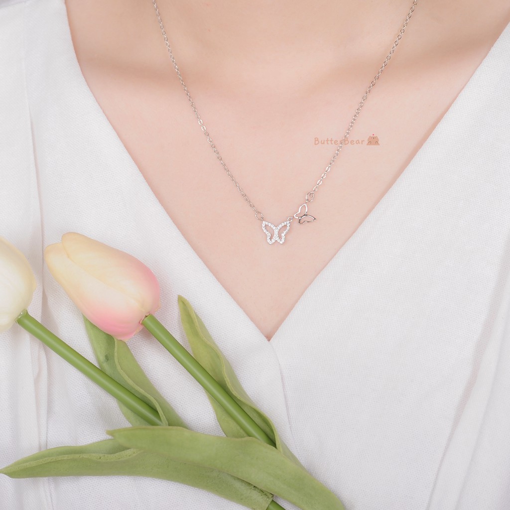 Dây Chuyền Bạc Nữ Thời Trang Đính Đá Hình Bươm Bướm Đôi- Trang Sức Bạc ButterBear Jewellery.