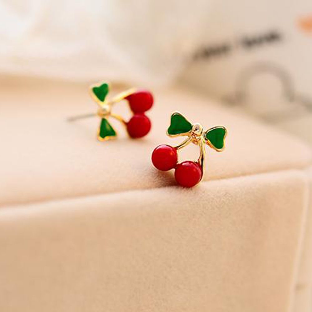 Khuyên Tai Hình Quả Cherry Đính Nơ Xinh Xắn Dành Cho Nữ