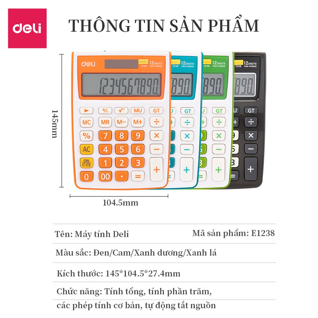 Máy tính kỹ thuật 12 số Deli, Đen, Cam, Xanh dương, Xanh lá E1238