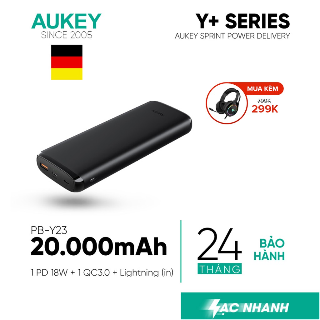 Pin Dự Phòng 20000mAh AUKEY PB-Y23, QC 3.0, PD 18W, Cổng Lightning In 18W