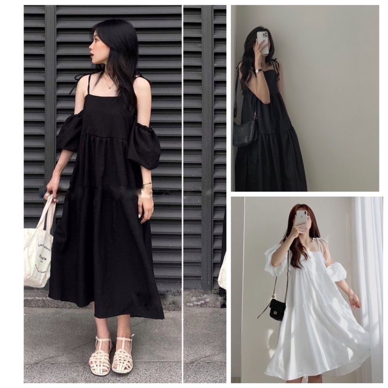 Váy 2 Dây Buộc Vai Kèm Ống Tay Tháo Rời Dáng Xoè Cực Xinh