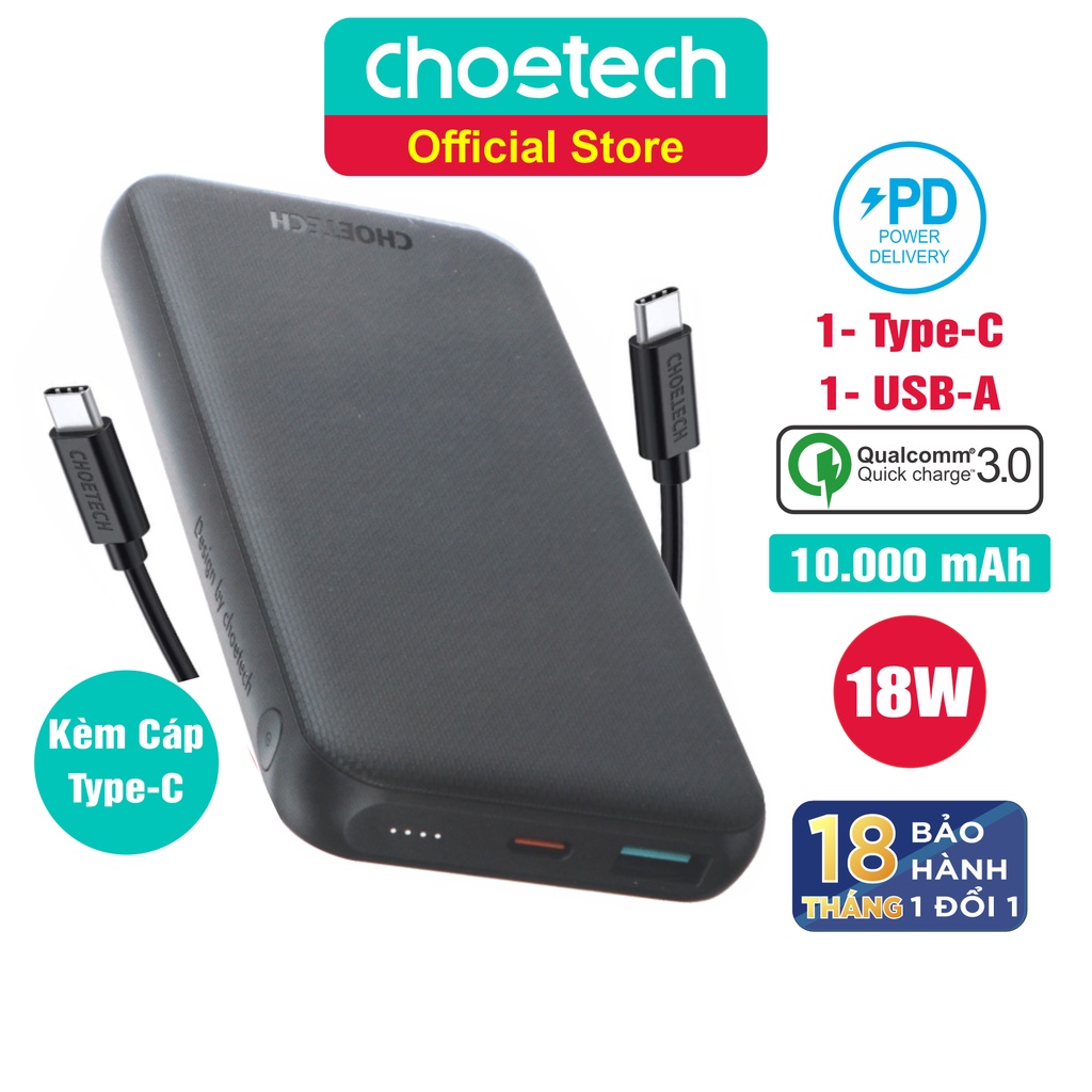 Pin Sạc Dự Phòng 10000mAh In/Out Type C PD 18W, QC 3.0 18W CHOETECH B627 Kèm Cáp Type C to C 30W - Hàng Chính Hãng