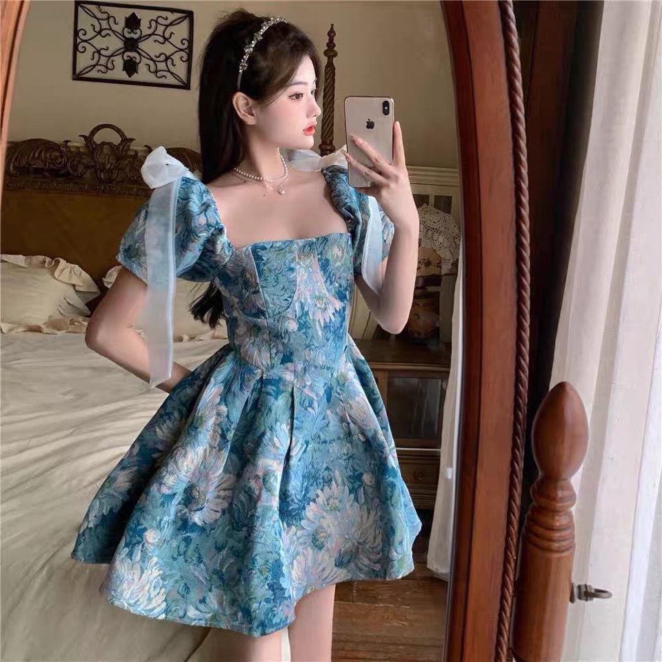 Đầm Ngắn Dáng Ôm Cổ Vuông Kiểu Công Chúa Thời Trang Mùa Hè Pháp Cho Nữ