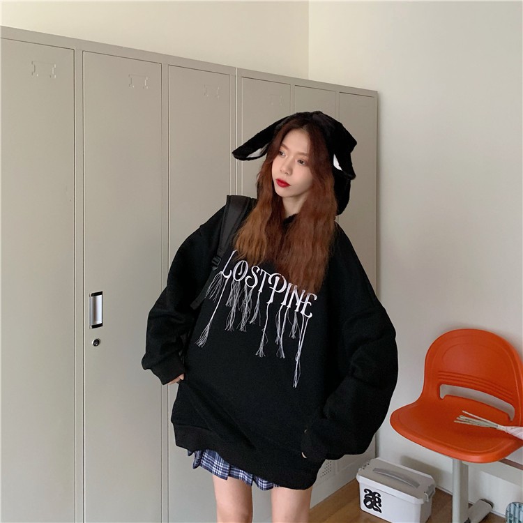 Áo hoodie nữ tay dài phong cách đường phố nón tai thỏ không có túi phối xích trái tim ulzzang ( 2 màu )