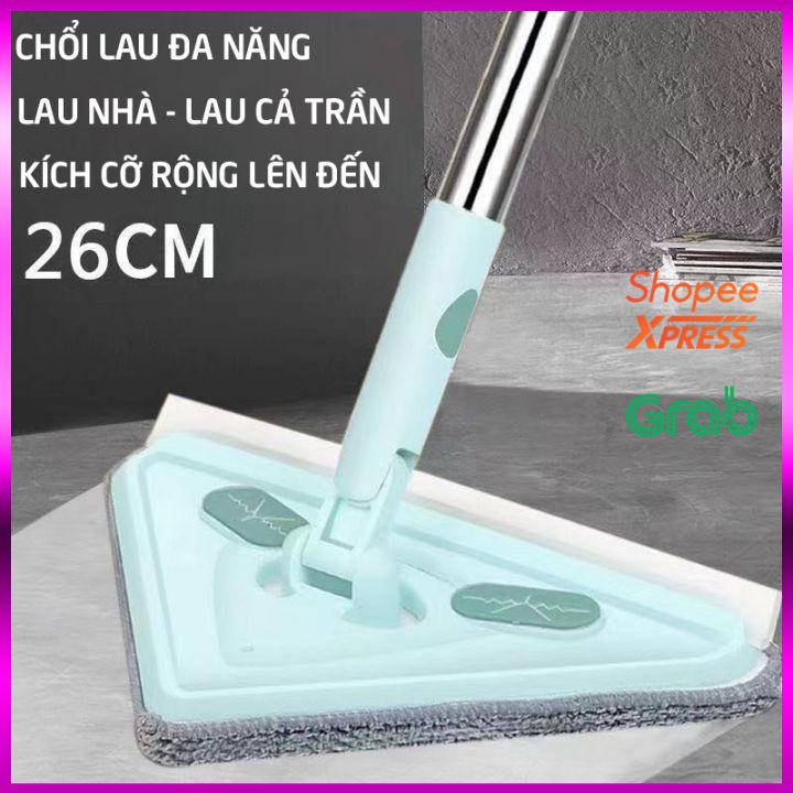 Chổi Lau Đa Năng Hình Tam Giác Lau Các Bề Mặt Sàn Nhà Và Kính Quay 180 Độ Tặng Kèm 2 Miếng Bông Lau Cán Chổi Dài 190cm