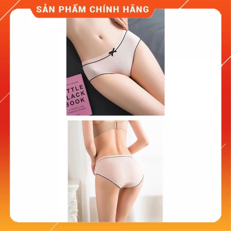 Quần Lót Cotton Tăm Viền Kẻ Phối Nơ Cao Cấp 028