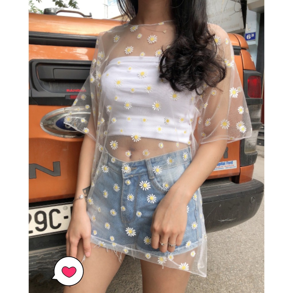 ÁO LƯỚI HOA CÚC ULLZANG TAY LỠ - SET ÁO REN DAISY + ÁO QUÂY 2S - ÁO CHOÀNG LƯỚI HOA CÚC