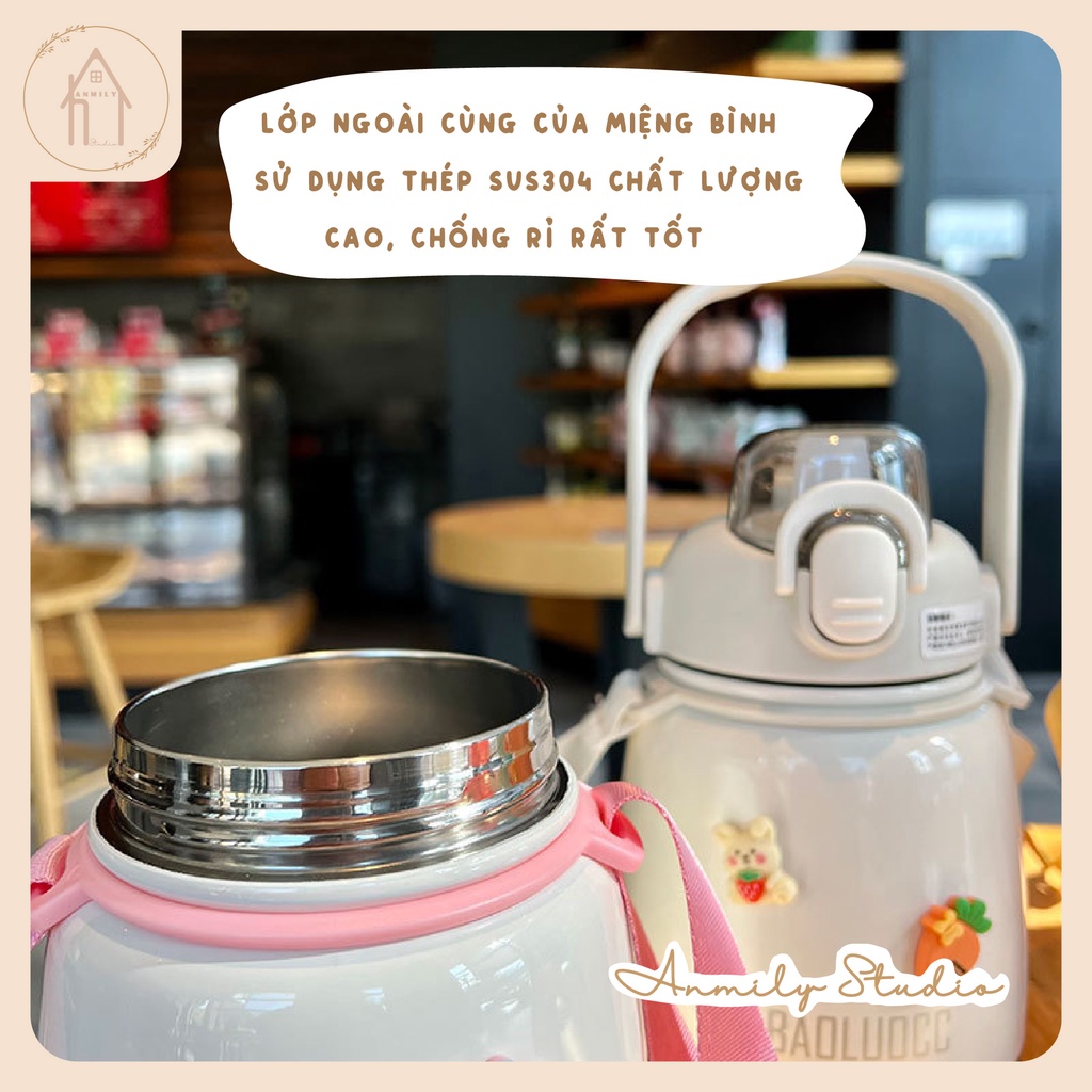 Bình Giữ Nhiệt Cute ANMILY 650ml Cao Cấp Có Ống Hút Kèm Theo 2 Lớp Vật Liệu SUS304 Chất Lượng Cao, Tặng Sticker 2D, 3D