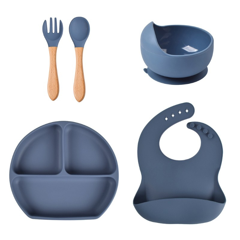 Bộ 5 Muỗng Nĩa Ăn Dặm Bằng Silicone Có Giác Hút Cho Bé