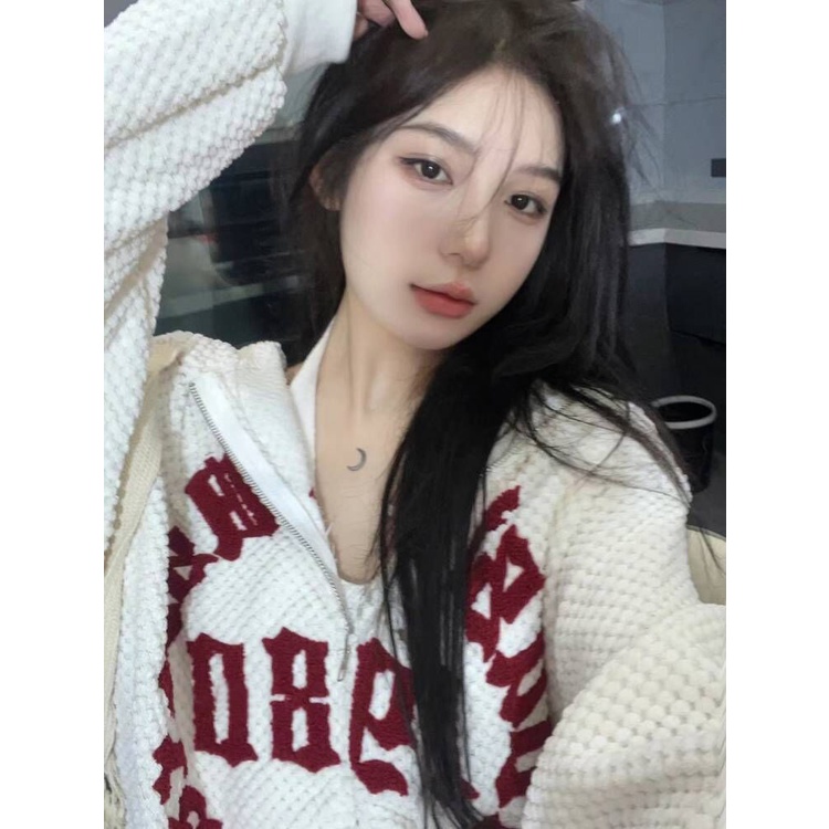 Áo hoodie ZHELIHANGFEI dáng rộng thêu chữ phong cách Mỹ thời trang