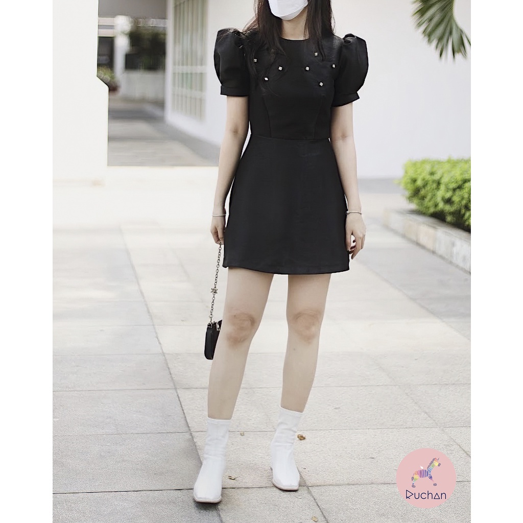 Đầm dự tiệc cưới RUCHAN sang trọng tiểu thư suông dài thiết kế tay phồng váy dự tiệc sang chảnh