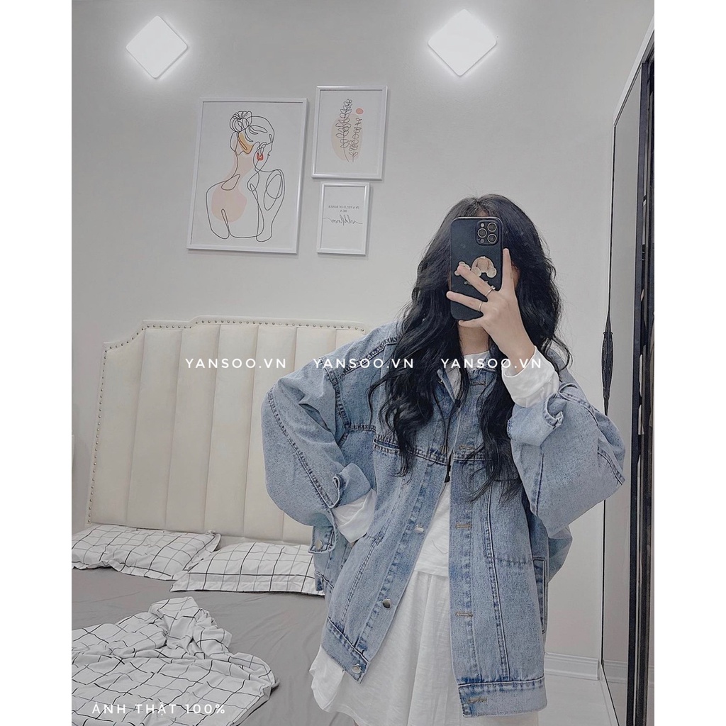 Áo khoác jean nữ from rộng túi trước , áo khoác bò denim xanh nhạt tay dài Quảng Châu chất dày dặn đẹp YANSOO