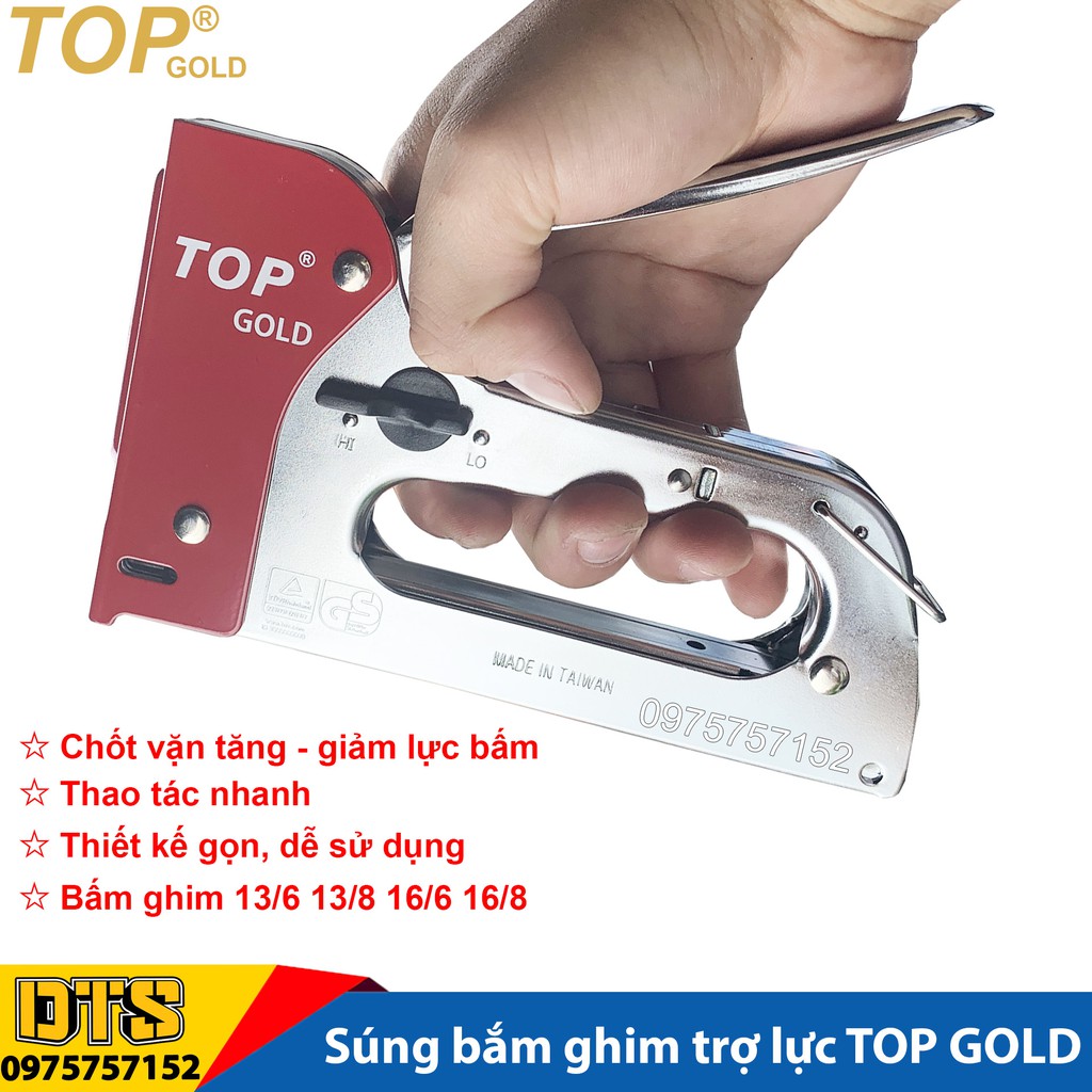 Súng bắn ghim trợ lực đa năng TOP GOLD cao cấp, kìm bắn đinh ghim cầm tay 4 trong 1 có tăng lực, bấm cả 4 kiểu ghim