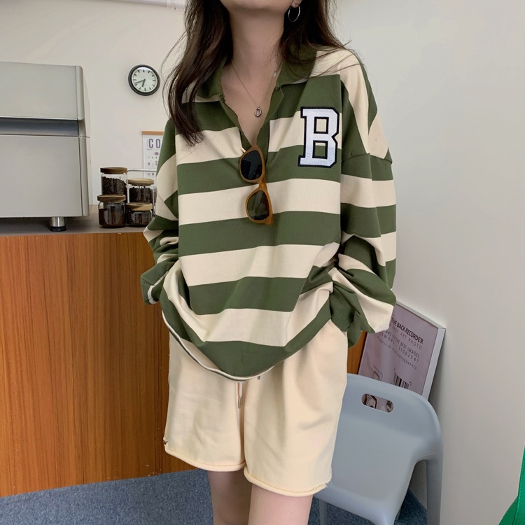Áo thun polo kẻ sọc tay dài dáng rộng phong cách thời trang mới 45521 | BigBuy360 - bigbuy360.vn