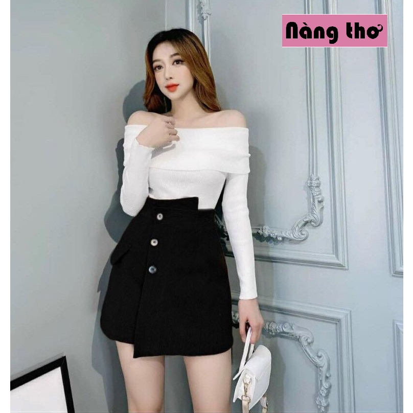 Sét Váy Nữ Áo Trễ Vai Tay Dài & Chân Váy Nút Kiểu Cách Đi Chơi, Đi Dự Tiệc - Nàng Thơ's Shop