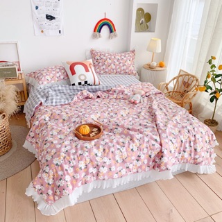 Set Chăn Ga Gối Cotton Chăn Hè Viền Bèo Hoa Nhí Hồng