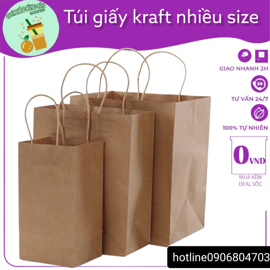 10 Túi giấy Kraft Nâu có quai nhiều size chắc chắn, bền bỉ, an toàn với môi trường-QUANNAOCUNGCAN