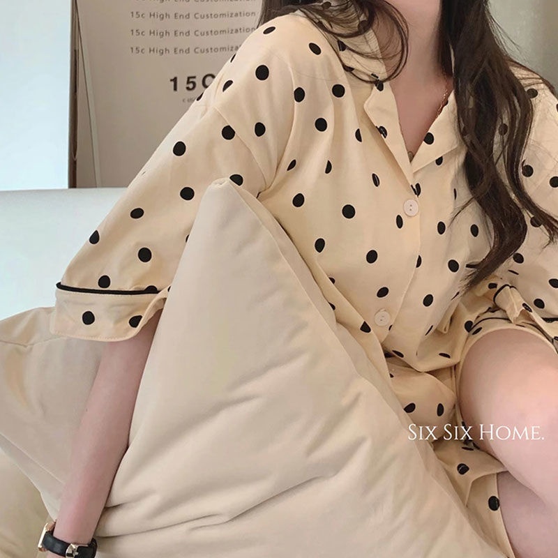 Bộ Đồ Ngủ Ngắn Tay Họa Tiết Chấm Bi Đơn Giản Phong Cách Nhật Bản Dành Cho Nữ
