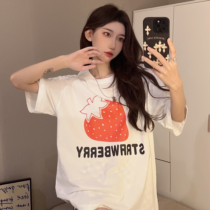 SUXI Áo Thun Ngắn Tay Dáng Rộng In Họa Tiết Trái Cây Đơn Giản Xinh Xắn Cho Nữ