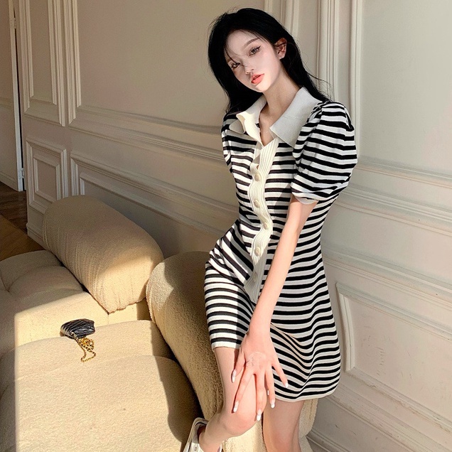 Đầm ZHELIHANGFEI dệt kim cổ polo họa tiết kẻ sọc thời trang trẻ trung dành cho nữ