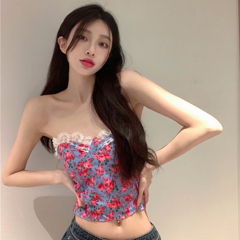 Áo Ống In Hoa Phối Ren Quyến Rũ Thời Trang Mùa Hè Dành Cho Nữ