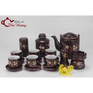 Bộ ấm chén Bát Tràng_Bộ ấm tích 1 lít khắc vẽ chim đào kèm phụ kiện