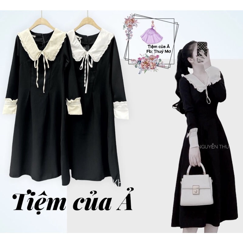 Váy thiết kế tiểu thư cổ bẻ dáng dài và ngắn kèm ảnh thật_Tiệm của Ả ( Cổ và Tay phối be và trăng)