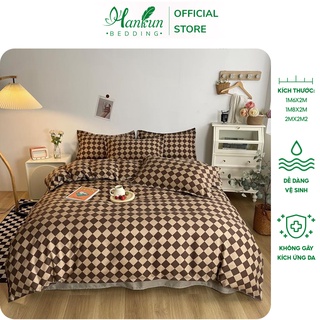 Bộ 4 món chăn ga gối Hankun cotton poly nhập khẩu Hàn quốc họa tiết caro nâu trẻ trung