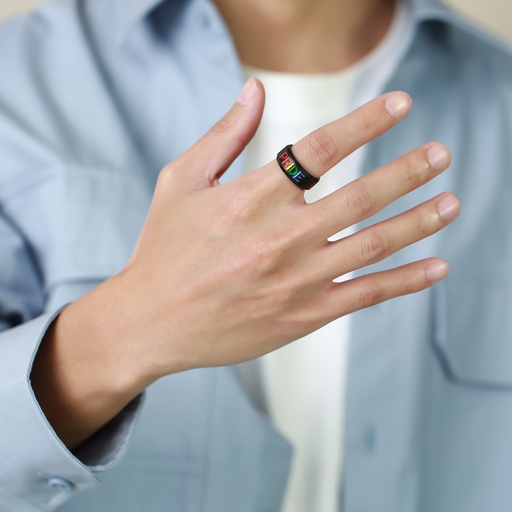 Nhẫn kim loại OIMG màu đen và biểu tượng cầu vồng hợp thời trang cho unisex
