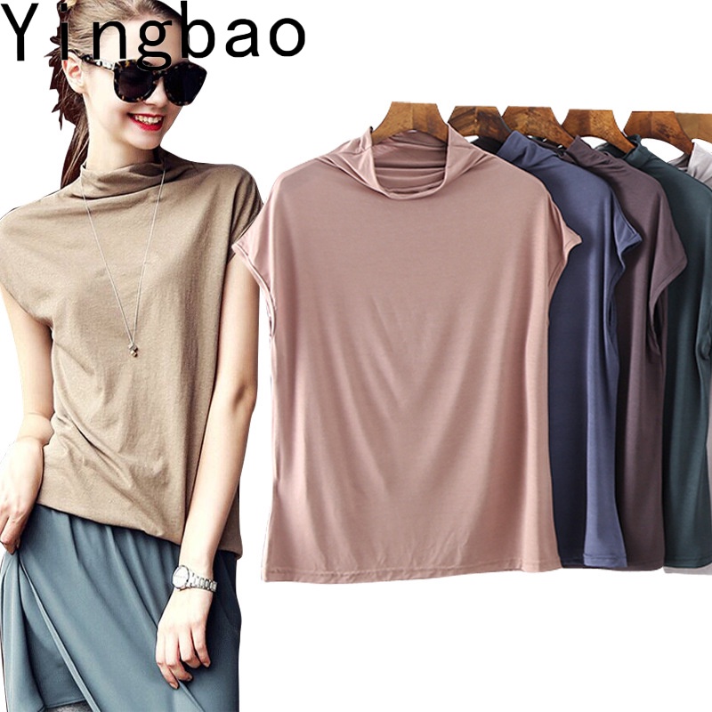 Yingbao Áo Thun Sợi Tre Áo Thun Nữ Thiếu Niên Cô Gái Mặc Nhà Mùa Hè Áo Sơ Mi Không Tay Cổ Cao Top Trắng Hồng Modal Cotton Đen Xanh Đậm Xanh Nữ Slim Áo Hàn Quốc