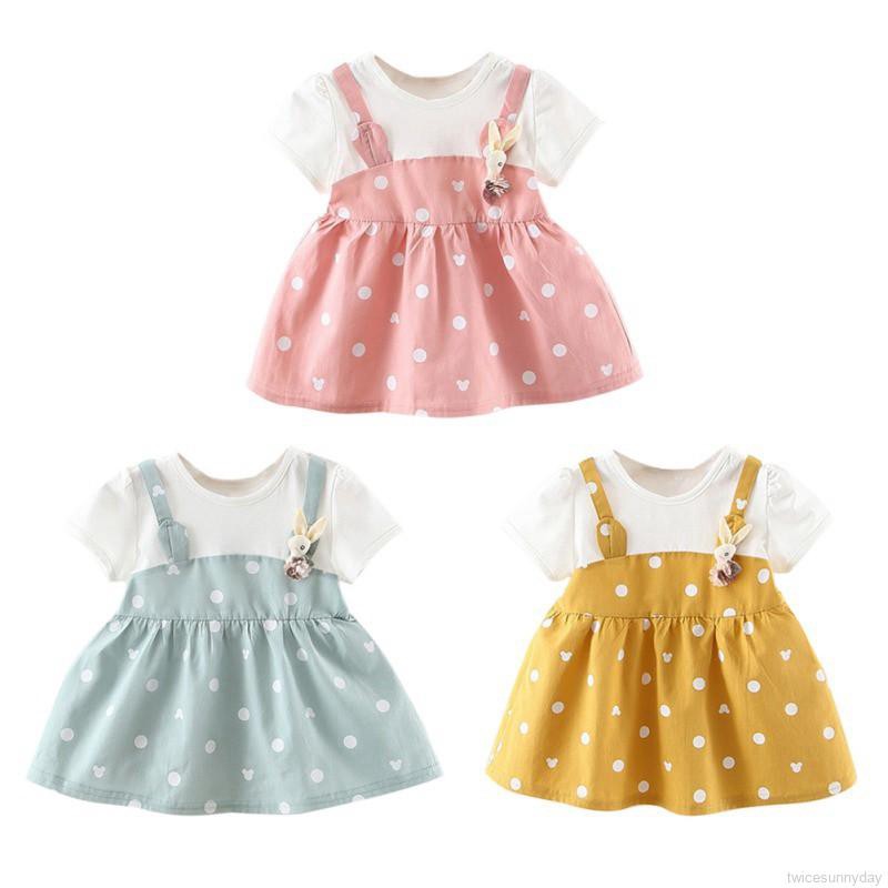 Đầm cotton ngắn tay , in họa tiết chấm bi cho bé gái