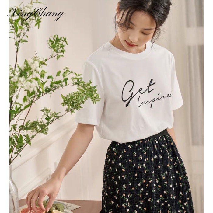 Áo phông nữ công sở trắng cổ tròn basic mặc với blazer, chân váy đi học đi làm in Get mã NXC92