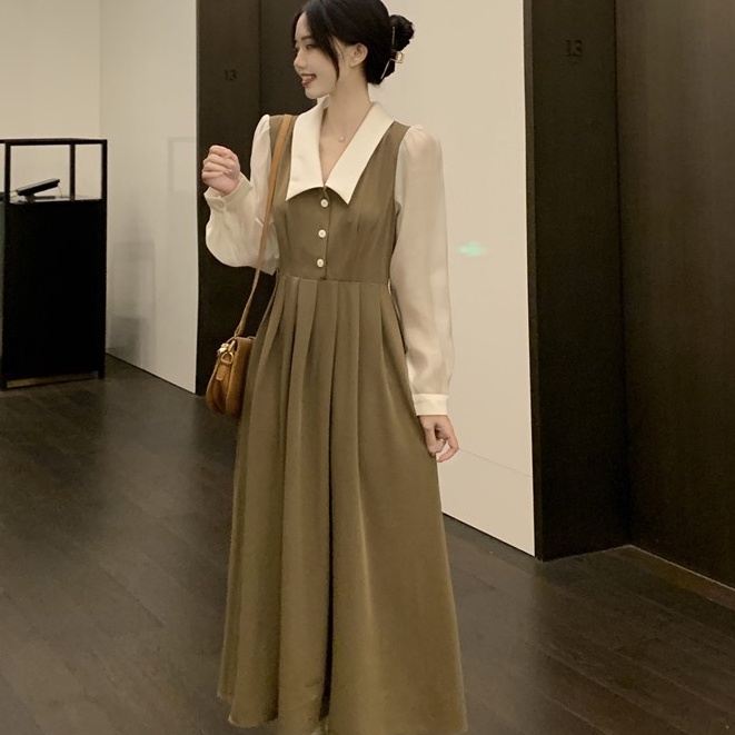 Váy sơ mi vitage dài tay mùa thu phối 2 màu tiểu thư kiểu Pháp con đỏng đảnH VD024 ảnh thật