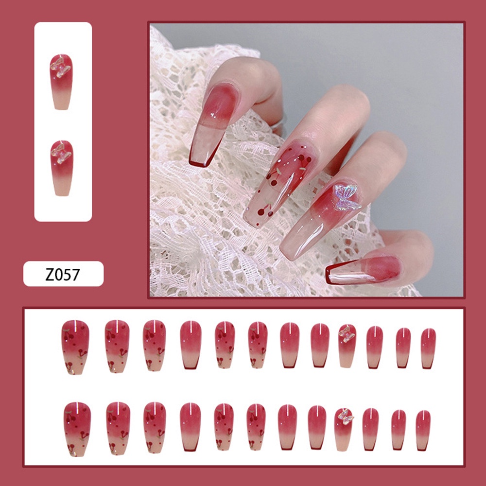 ☆YOLA☆ 24pcs/Box Ballerina Cherry Coffin False Nails Detachable Nail Tips Wearable Artificial Women Fashion Manicure Tool Full Cover Fake Nails