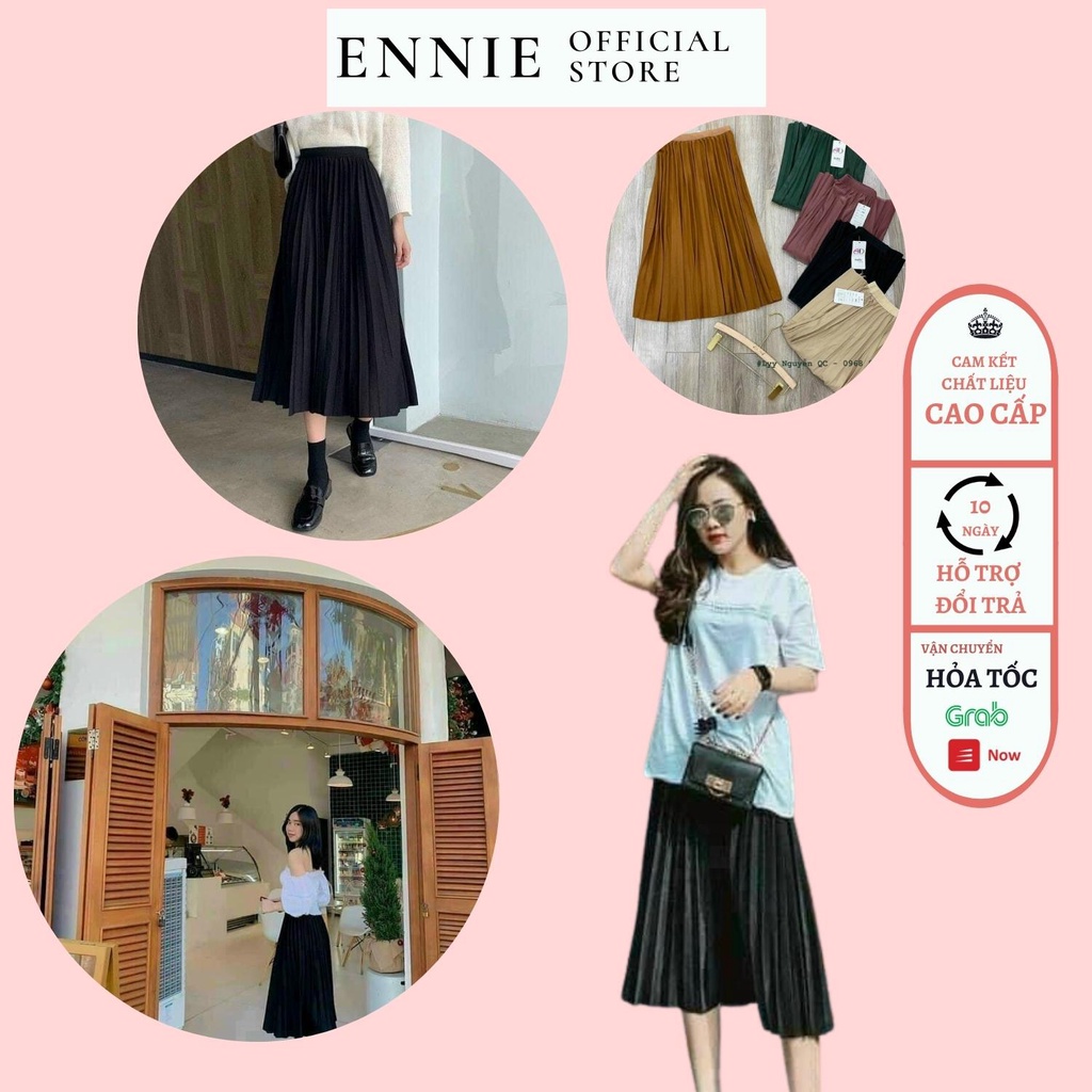 Chân Váy Nữ Xòe Xếp Ly Dáng Dài 5 Màu Vàng Đen Be Hồng Rêu Ennie House CD190