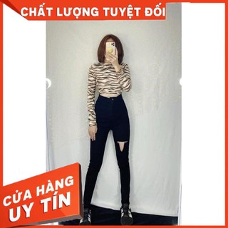 Quần jeans skinny đen rách gối- jeans mềm giãn