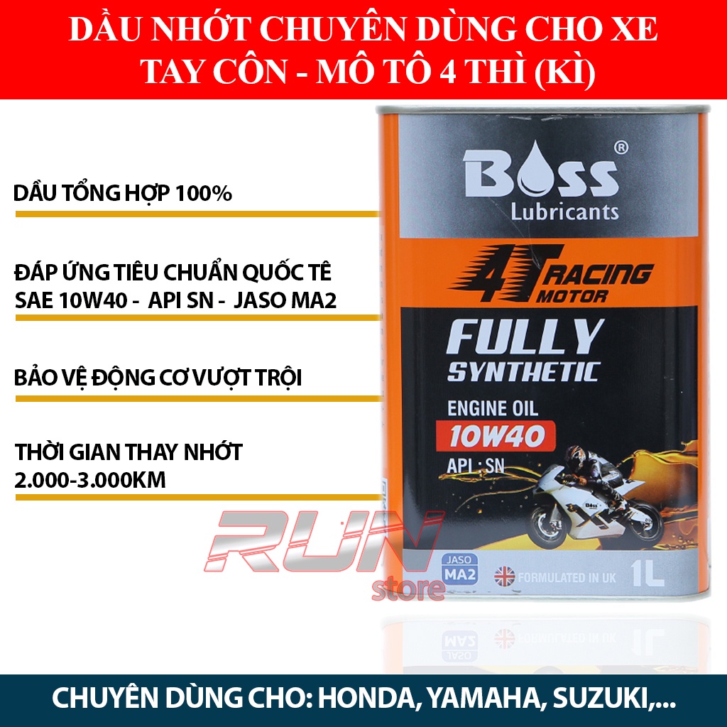 Nhớt Tổng Hợp Nhập Khẩu cao cấp BOSS RACING Motor 4T 10W40 MA2 1000ml - Fully Synthetic LUBRICANTS