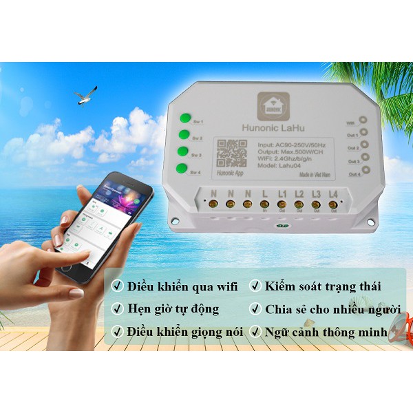 Công tắc THÔNG MINH Hunonic Lahu 4 kênh | Điều khiển từ xa bằng điện thoại 4 kênh 1 kênh 3kw 1pha và 5kw 3pha