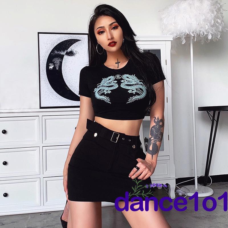 Áo croptop ngắn tay in hoạ tiết rồng thời trang cho nữ