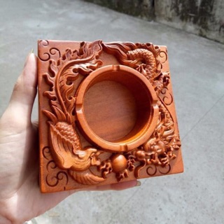 Gạt tàn vuông 13 đục rồng phượng gỗ hương