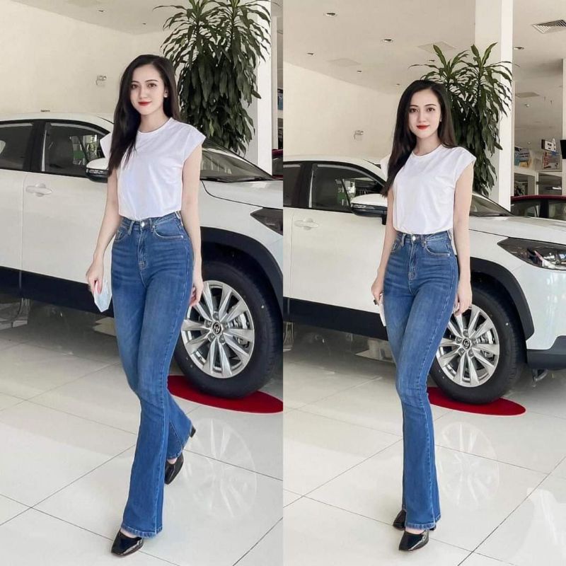 Quần jeans nữ loe dáng dài VNXK xanh nhạt
