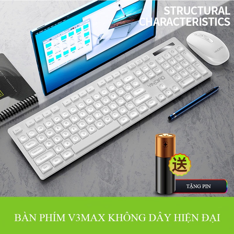 Bàn phím máy tính V3Max không dây để bàn,tặng chuột và miếng lót chuột + pin