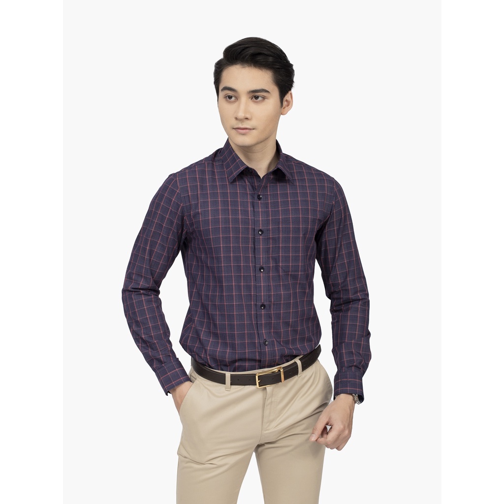 Áo Sơ Mi Nam Dài Tay ARISTINO ALS41102 Somi Công Sở Cao Cấp Màu Xanh Tím Than KẻChất Vải Sợi Sồi Dáng Suông Fit Có Túi