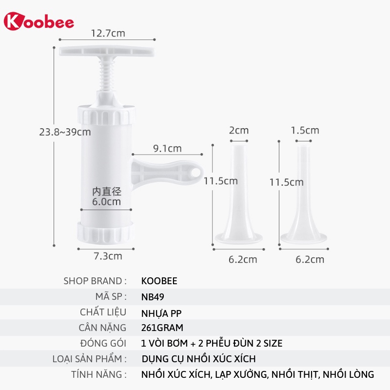 Dụng cụ nhồi xúc xích, lạp xưởng, nhồi thịt dồi sụn - Hàng loại 1 nhựa PP an toàn ống nhồi dày dặn và thanh vặn ren to K